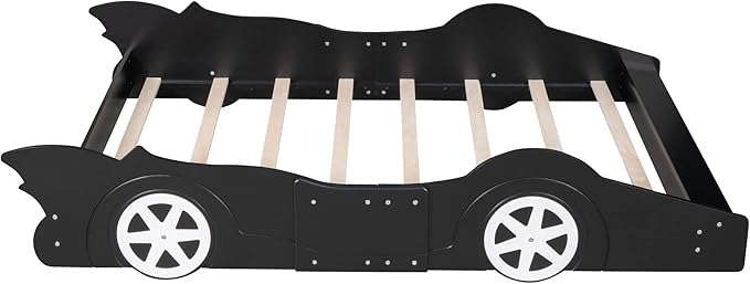 Full Size Race Car-Shaped Platform Bed Bedframe with Wheels, 87.4" L x 55.3" W x 16.1" H Black