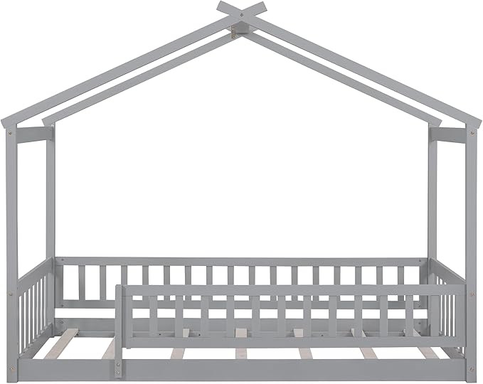 Merax Twin Size Wooden House Bed with Fence, Wood Bed Frame with Roof and Safety Guardrail for Kids, Teens, Boys or Girls, Gray