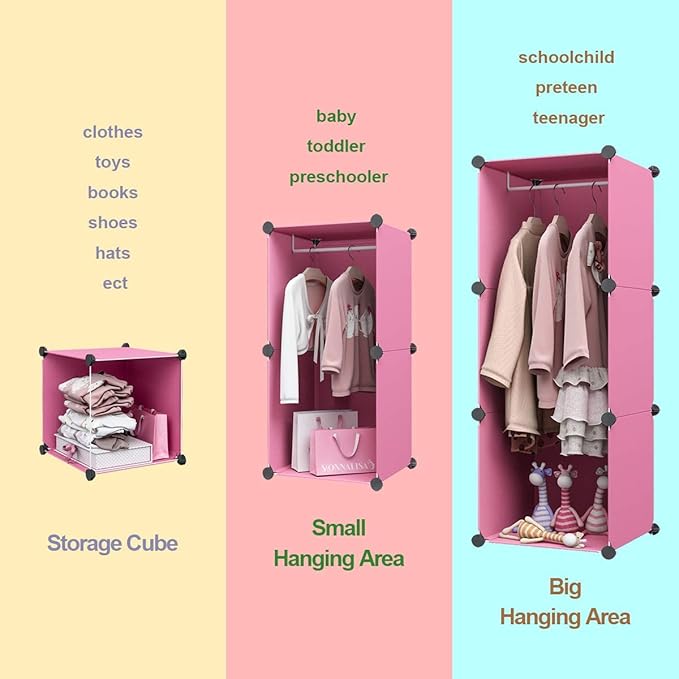 MAGINELS Kids Wardrobe, Baby Girls Closet Armoires Organizer with Door. Open Hanging Children Costume Area and 6 Cube Storage. Pink (28x14x56inch)