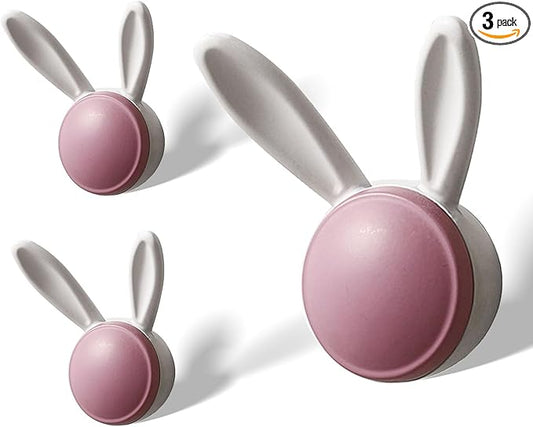 3 Pack Heavy Duty Metal Wall Hooks - Decorative Cute Rabbit Shaped Coat Hooks, Multi-Color Rustproof Bathroom/Bedroom/Entryway Towel Hooks for Towels, Coats, Keys (Matte Pink, Large Size)