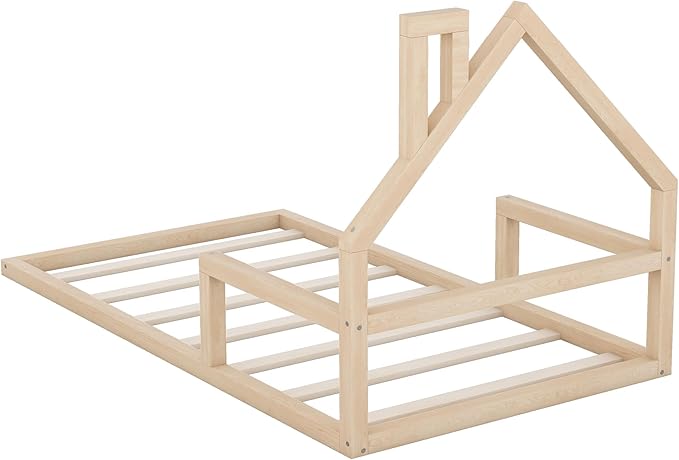 Harper & Bright Designs Twin Size Floor Bed with House Shaped Headboard, Montessori Floor Bed for Kids, Solid Wood Low Bed Frame for Bedroom, Playroom, Wooden Slats Support, Natural