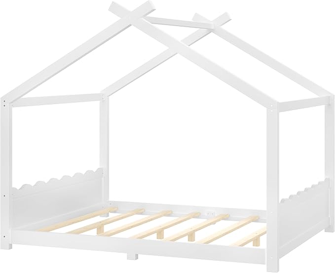 Queen Size Wooden House Floor Bed - Kids Bed Frame with Roof & Support Slats for Bedroom, No Box Spring Needed, Easy Assembly (White)