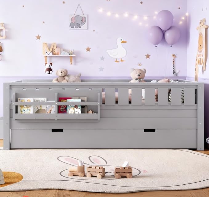 Bellemave Twin Size Kids Bed with high Rails and with Built-in Bookshelf and Trundle for Kids, Girls, Boys, Wood Montessori Bed Without Door, Gray