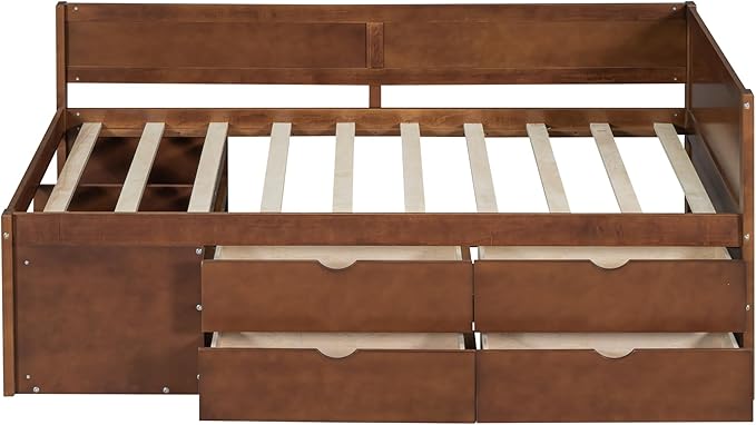 Twin Size Daybed with 4 Storage Drawers and Shelves, Wooden Twin Platform Bed Frame with L-Shaped Headboard and Slats Support, Corner Bed Twin Captain Beds for Kids Boys Girls Teens, Walnut