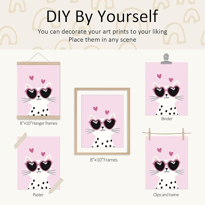 VONTP Pastel Rainbow Classroom Dog Cat Wall Art Decor, Dalmatian Cat Classroom Prints Poster Wall Decorations for Kids Girl Nursery Toddler Room Bedroom Playroom, 8x10 Inch Set of 4 (Unframed)