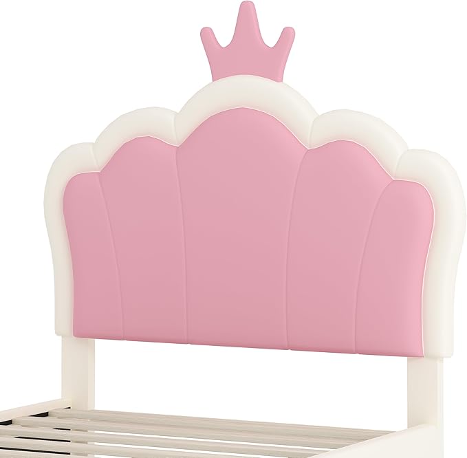 Bellemave Twin Size Princess Bed Frame with Crown Shaped Headboard for Kids,Upholstered Platform Bed with Slats Support,Twin Girls Bed,White