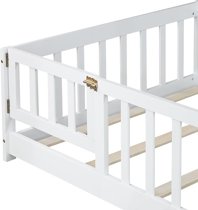 Bellemave Twin Size Floor Bed for Kids, Girls, Boys, Rubber Wood Floor Bed with slats and Door, White