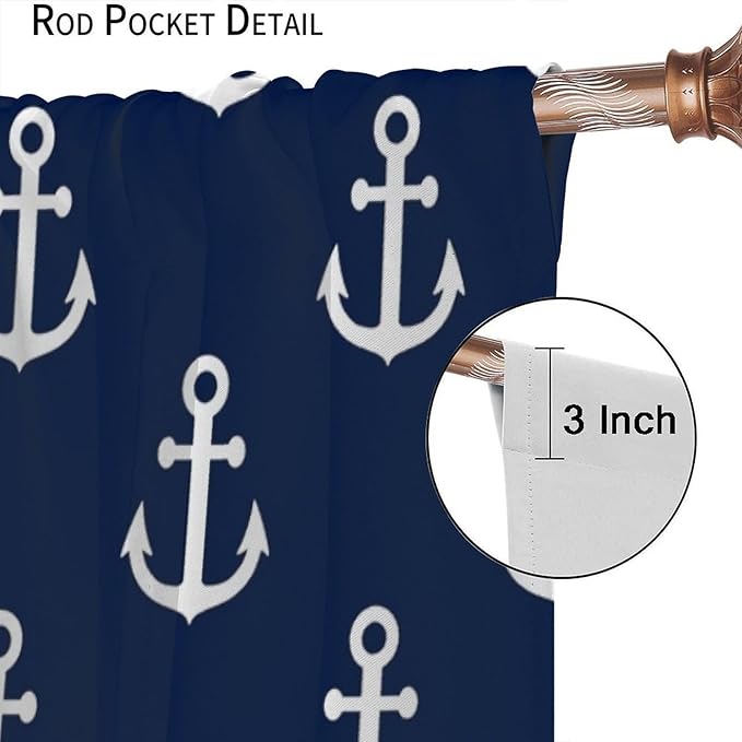 Nautical Costal Curtains,MarineThemed Oceanic Anchor Pattern Blackout Print Home Bedroom Living Room Window Treatments 2 Panel Set 63x63 Inch