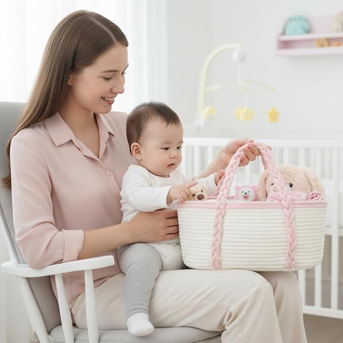 Baby Diaper Caddy, Portable Diaper Organizer for Changing Table, Car Travel Girls Shower Gifts Newborn Essentials, Cotton Rope Nursery Storage Basket for Girls (White＆Pink)