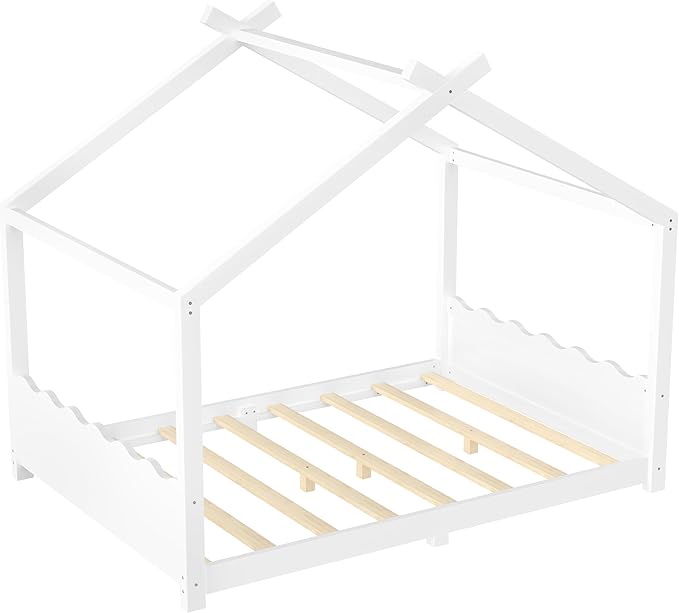 Full Size Wooden House Floor Bed - Kids Bed Frame with Roof & Support Slats for Bedroom, No Box Spring Needed, Easy Assembly (White)
