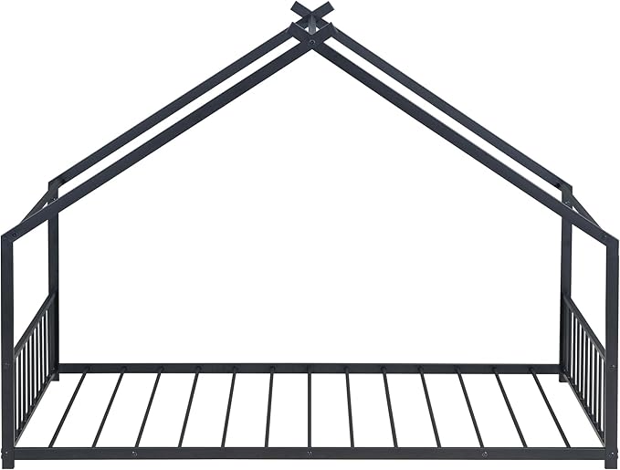 Twin Size House Shaped Montessori Platform Beds, Wood Floor Bed Frame with Roof and Fence Deisgn, Kids Double Toddler Bed for Children Boys Girls, Easy Assemble, No Box Spring Needed, Black