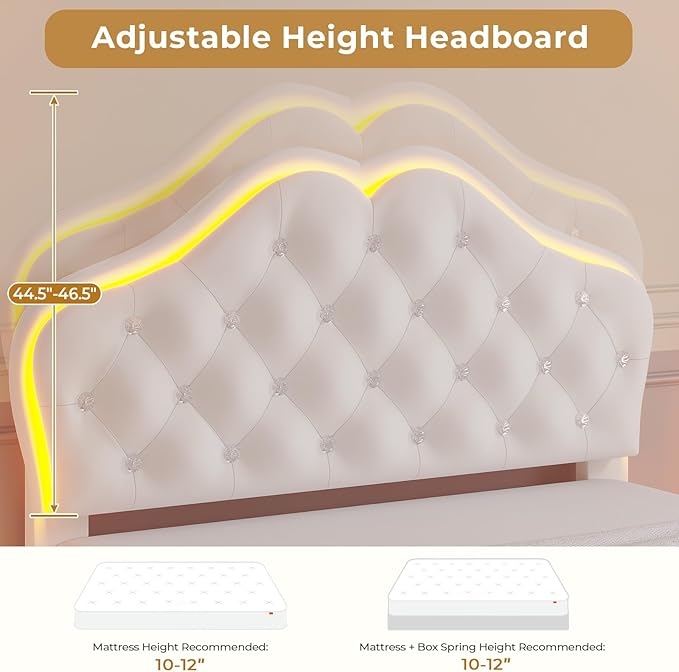 ADORNEVE Twin Bed Frame with RGB LED Lights, Princess Bed Frame with Adjustable Crystal Button Headboard, Velvet Upholstered Platform Bed for Girls, Solid Wooden Slats, Easy Assembly, Creamy White