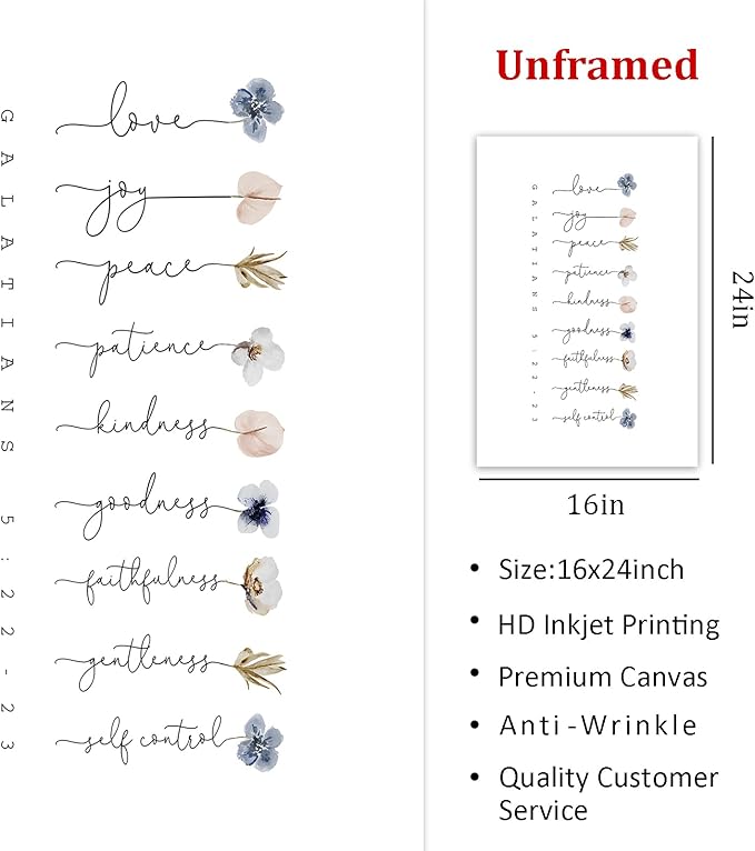 Galatians 5 22-23 Wall Art Fruit of the Spirit Picture Floral Scripture Wall Art Minimalist Flower Posters Bible Verse Quotes Plant Floral Pictures Modern Flower Poster for Living Room 16x24in