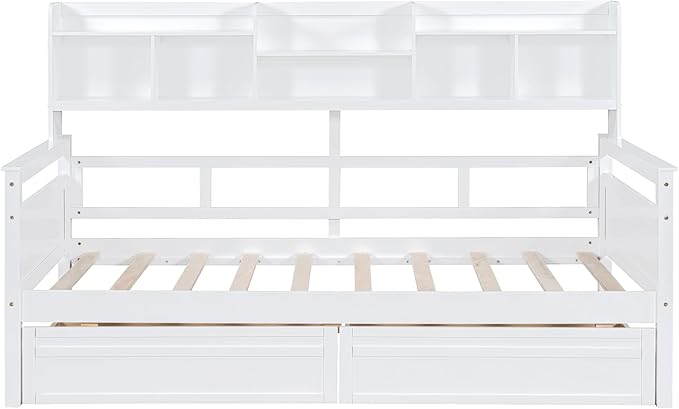 Harper & Bright Designs Twin Daybed with Storage, Wooden Twin Size Bed Frame with Bookcase Headboard and 2 Drawers, Twin Sofa Bed with Shelves for Living Room Bedroom, No Box Spring Need, White