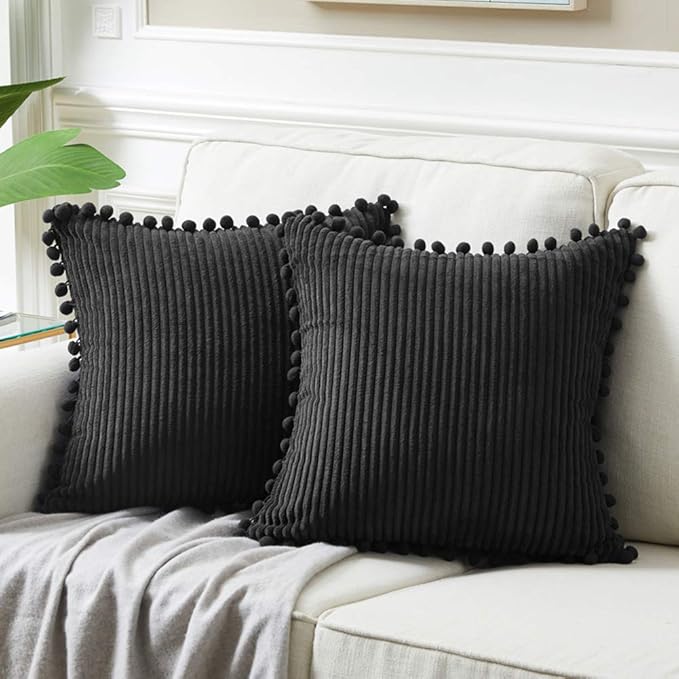 Fancy Homi Pack of 2 Black 20x20 Inch Decorative Throw Pillow Covers with Pom-poms, Soft Corduroy Solid Square Cushion Cases Set for Couch Living Room Bedroom Sofa Car 50 x 50 cm