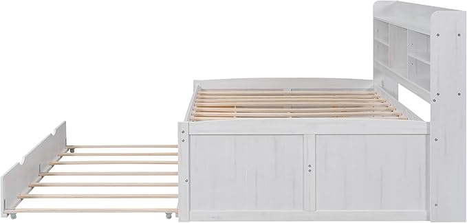 Harper & Bright Designs Full Size Captain Bed with Built-in Bookshelves/3 Storage Drawers/Trundle, Wooden Full Daybed Bed Frame for Kids Teens Dorm Bedroom Multipurpose Guest Room, White Wash