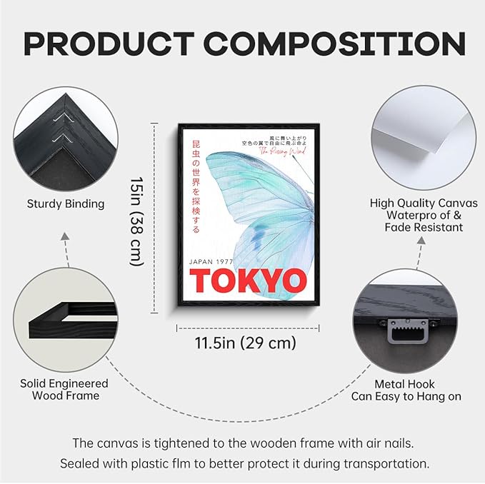 Tokyo Butterfly Wall Art, sky blue butterfly, Japanese retro wall decor, matte finish framed canvas print, Tokyo travel poster artwork, for travel lovers gift, 12x15 inch