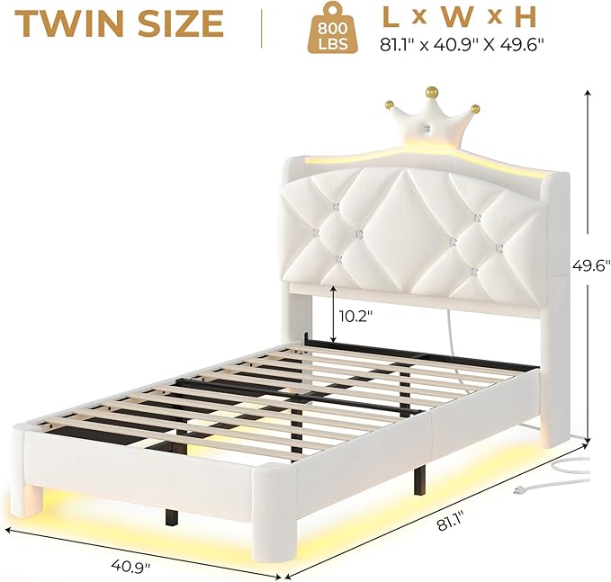 MSmask Twin Bed Frame with LED Lights, Princess Upholstered Bed with Headboard with Charging Station & Crystal Button & Crown, Velvet Platform Bed for Girls, Solid Wood Slats, Curved Legs, White