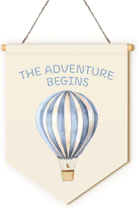 MOTERMATE Hot Air Balloon Nursery Sign Decor, Baby Boy Girl Toddler Room Front Door Wall Hanging Decor Decorations for Boys Girls Bedroom Nursery Playroom, The Adventure Begins Sings, 8x10 Inch