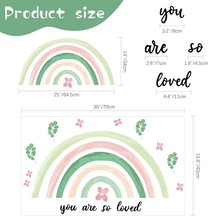 Containlol Rainbow Wall Decals, Playroom Wall Decor for Girl Room, Watercolor Peel and Stick Wallpaper, Boho Wallpaper 30 x 14 Inch Heart Art Stickers for Toddler Bedroom Nursery(Green,Fresh)