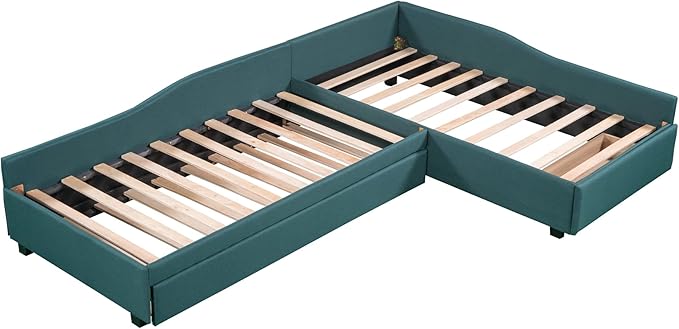 Bellemave L-Shape Platform Bed Twin Size Upholstered Daybed with Trundle and Storage Drawer Linen Corner Day Bed Frame for 3 Kids Boys Girls Teens, Green