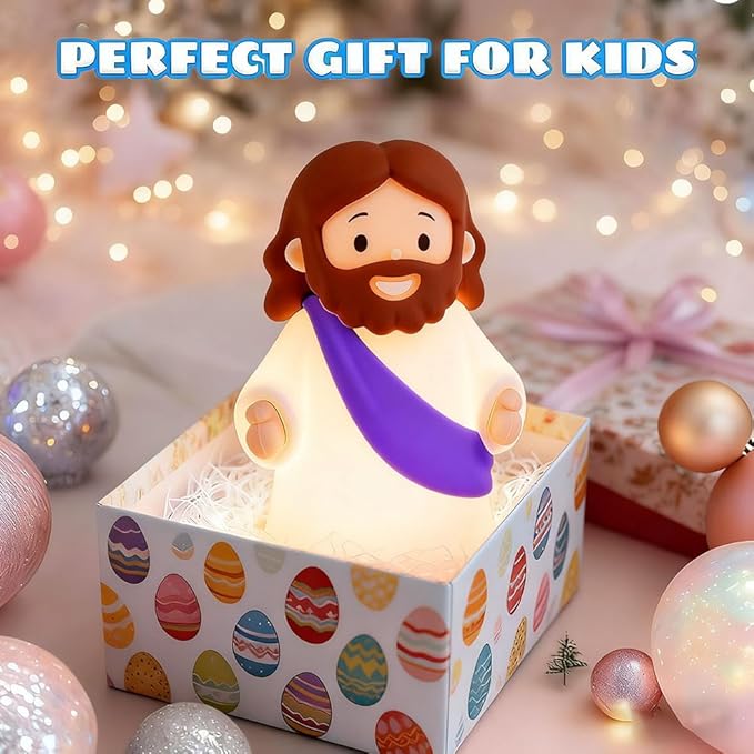 Jesus Night Light Rechargeable Bedside Night Light Dimmable Silicone LED Light Ideal for Religious Gatherings, Gifts for Sunday School, Baptism Presents, Easter Egg Decorations (Purple)