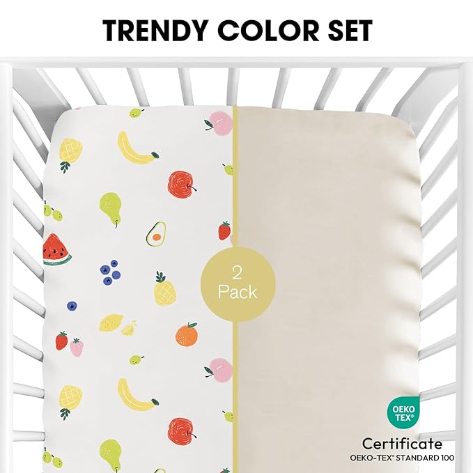 Little Grape Land Crib Sheets 2 Pack for Boys and Girls, Baby Neutral Crib Fitted Sheets for Standard Crib & Toddler Mattress, Super Soft Breathable Fitted Crib Sheet Set, Fruits