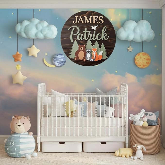 Personalized Name for Nursery Wall, Bear Fox Raccoon Sign for Baby Door Decor, Newborn Gifts for Boy, Boys Nursery Wall Bedroom Decorations, Mother's Day Gifts for New Mom Dad Gift