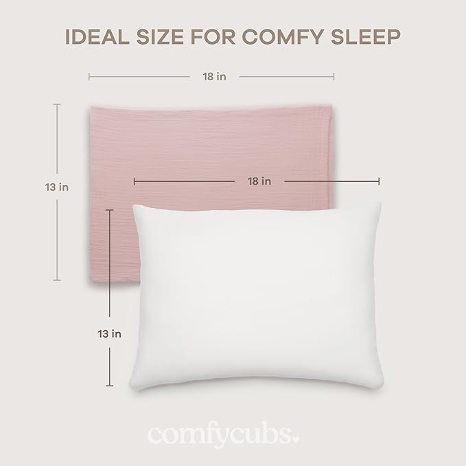 Comfy Cubs Toddler Pillow with Muslin Pillowcase, 13 x 18 in, 2 Pack - Travel and Sleep Support for Kids - Lightweight, Breathable Microfiber Fill - Soft and Cozy Small Pillow for Toddlers - Mauve