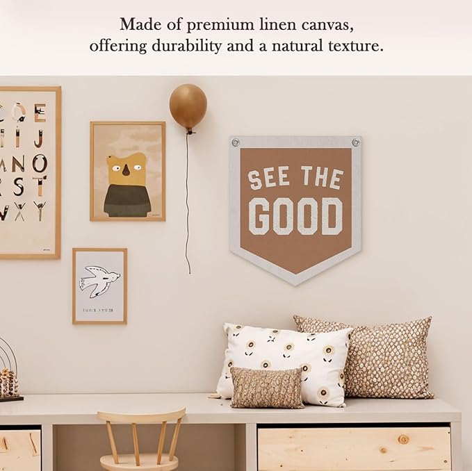 See The Good Banner – Boho Vintage Linen Pennant, Inspirational Wall Hanging Flag for Accent Decor, 12.4x14 in
