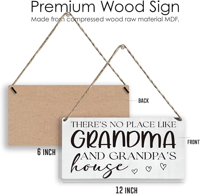 Grandparents Gifts from Grandkids There's No Place Like Grandma and Grandpa's House Sign Wooden Signs Farmhouse Home Decor for Father's Day Birthday Christmas Thanksgiving Gift 12 × 6 Inch（Wood 4005）
