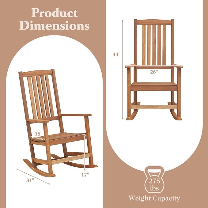 Giantex Outdoor Rocking Chair, High Back Patio Rocker w/Armrests, Hardwood Lounge Rocking Chair with Smooth Rocking Base & Slatted Design, Wood Porch Rocker for Backyard, Poolside (2, Natural)