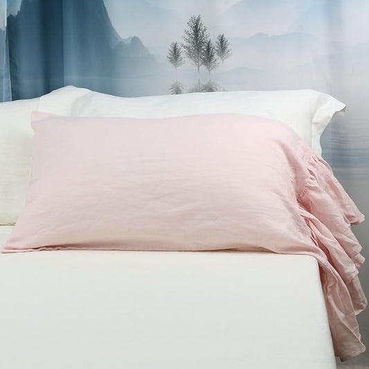 100% French Linen Pillowcase Ruffles Pillow Cover King Queen Twin 1 pcs (Queen, Pink)