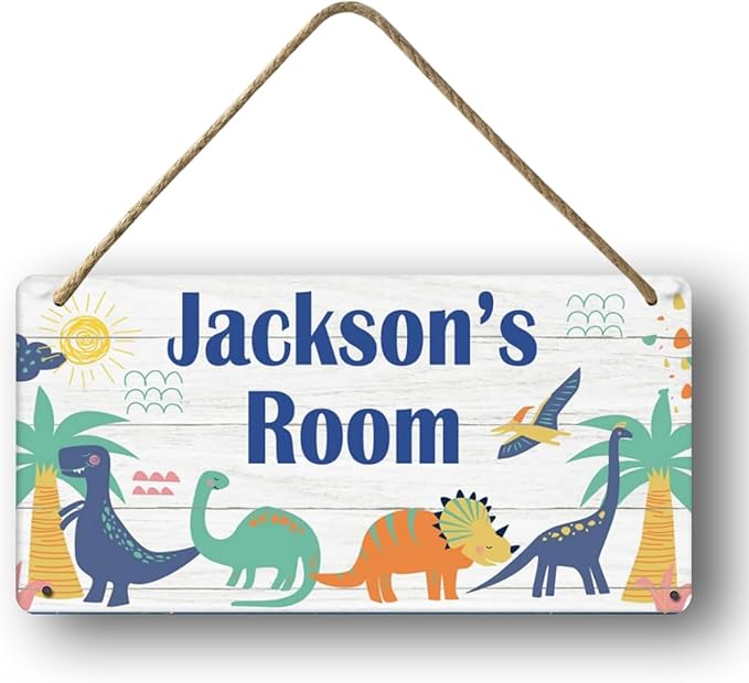 Personalized Hanging Dinosaur Wood Sign Wall Decor Kid's Name Door Sign Triceratops and Brontosaurs Dinosaur Decor (KL-14)