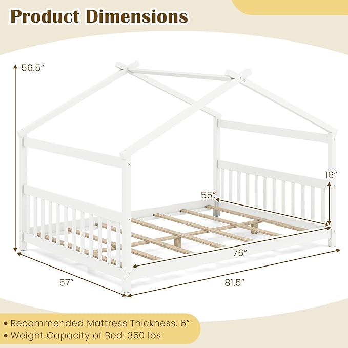 Giantex Full Size Floor Bed, Solid Wood Montessori House Bed with Roof, Headboard and Footboard, Low Full Bed Frame for Kids Teens Girls Boys, No Box Spring Needed, White