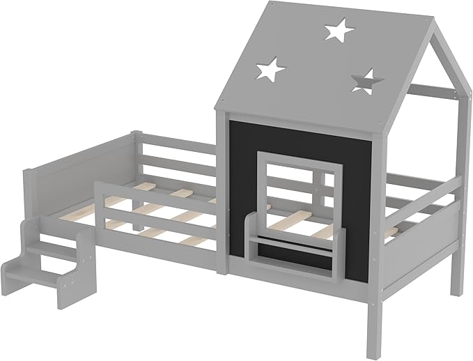 Bellemave Twin House Bed with Rails or guardrails and Bookcase, Wooden Twin House Shape Platform Bed for Boys, Girls, Teens, Gray