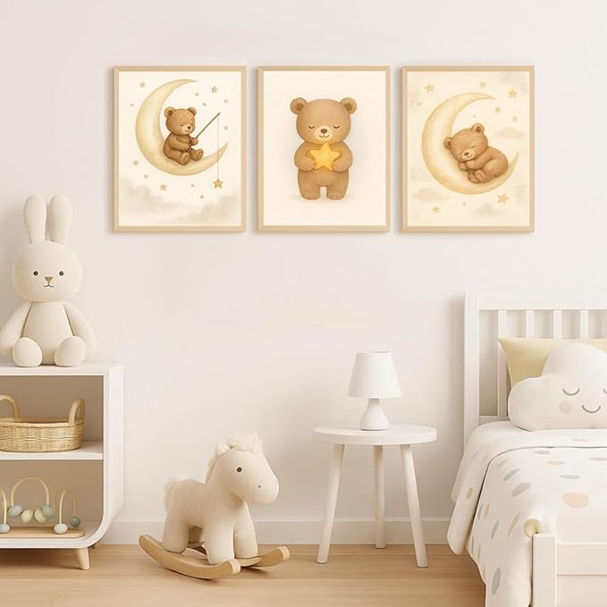 XBQZFLHT 3Pcs Bear Nursery Wall Art Teddy Bear Moon and Stars Canvas Prints Cute Animal Sleeping on the Moon and Cloud Neutral Baby Room Decor Pictures for Boys and Girls 12x16in Unframed