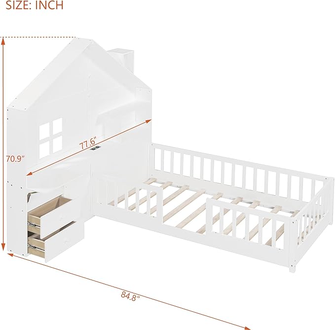 Twin Size Kids Floor Bed with Safety Fence, Solid Wood Montessori Platform Bed with House Shape Headboard with Bedside Drawers, Shelves, Sockets and USB Port for Kids Boys Girls (White-LT1)