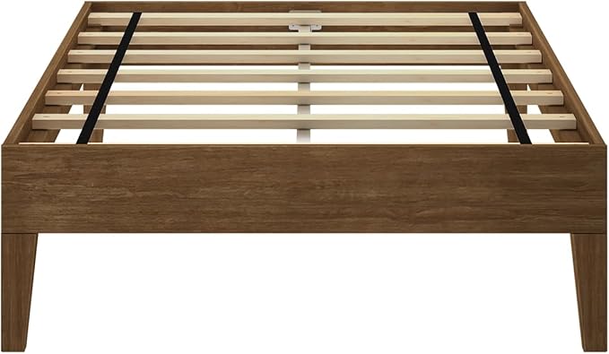 Max & Lily Fundamental Twin Platform Bed Frame, Kids Modern Solid Wood Bed, Strong Wooden Slats, Non-Toxic Finishes, Matte Walnut
