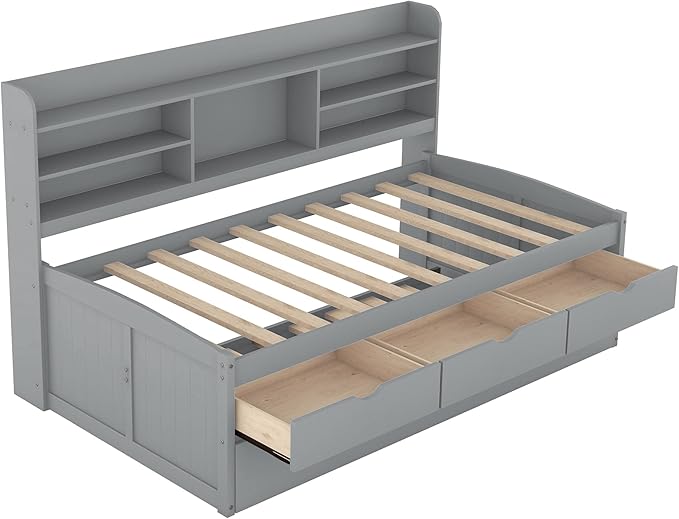 Harper & Bright Designs Twin Size Captain Bed with Built-in Bookshelves/3 Storage Drawers/Trundle, Wooden Twin Daybed Bed Frame for Kids Teens Dorm Bedroom Multipurpose Guest Room, Light Grey