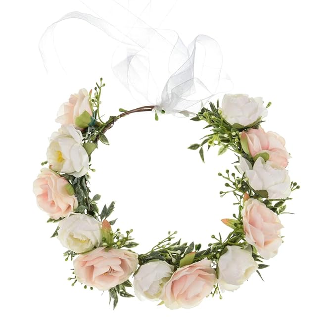 DreamLily Camellias Flower Crown Birthday Photo Pops Hair Wreath Wedding Festival Floral Headpiece XM11 (B-Champagne Ivory)