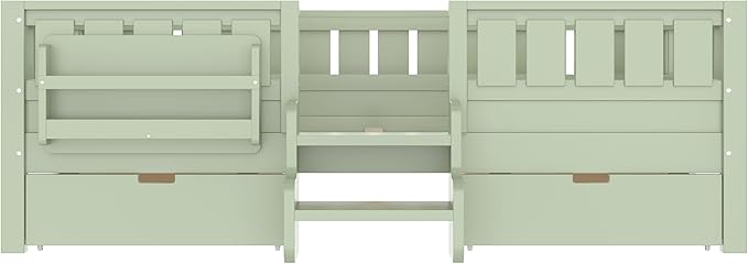 Bellemave Full Size Kids Bed with high Rails and with Built-in Bookshelf and Drawers for Kids, Girls, Boys, Wood Montessori Bed Without Door, Avocado Green