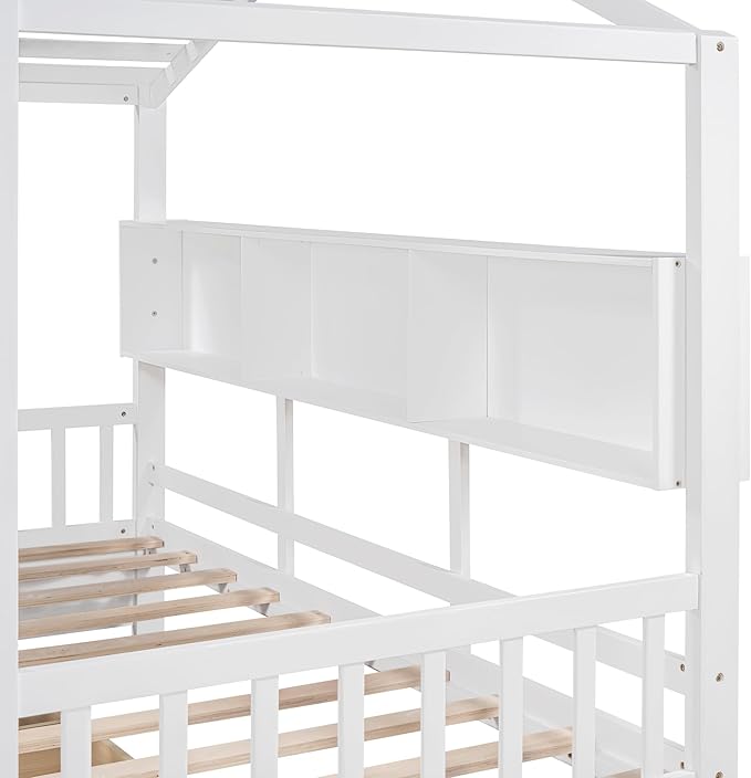 Merax Twin Size House Bed with 2 Drawers for Kids, Twin House Shaped Bed Frame with Storage Shelf for Boys Girls, Wooden Bed Frame Twin Size with Roof, No Box Spring Needed, White