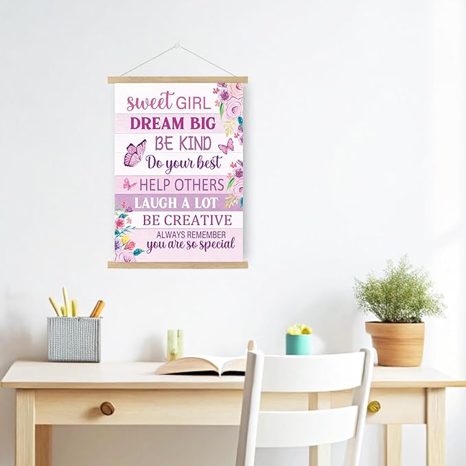 Qswo Positive Affirmations Wall Decor for Girls,Sweet Girl Dream Big Pink Wall Art Poster Hanger Frame,Inspirational Hanging Canvas Wall Decor for Girls Room Dorm Nursery