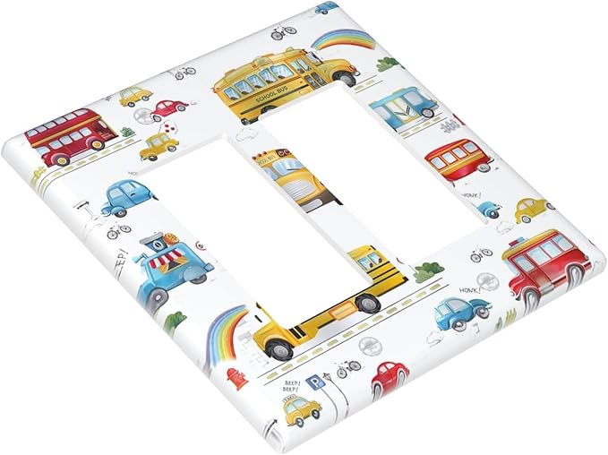Kids Bus Taxi Truck Double Rocker Light Switch Cover 2 Gang Outlet Wall Plate Decorative GFCI Switchplate Electrical Faceplate for Nursery Kidsroom Bedroom Decor
