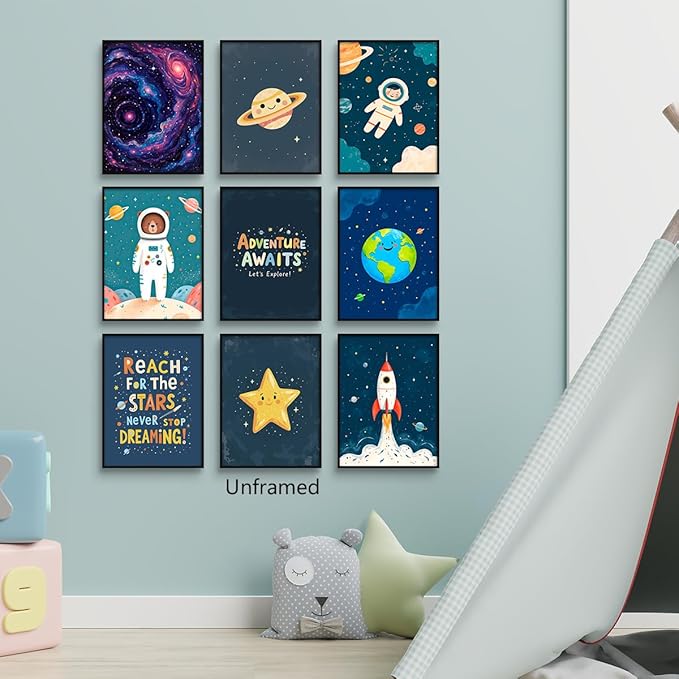 9 Pieces Outer Space Theme Nursery Canvas Wall Art, Charming Bear Astronaut Planets Rocket Poster for Kids Room, Baby Boys Playroom Bedroom Stars Cosmos Picture Print 12x16in Unframed