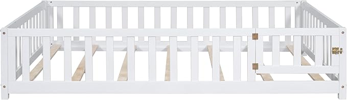 Full Size Floor Platform Bed with Fence and Lockable Door, Wood Montessori Bed Frame with Slat Support for Kids,Girls,Boys, Easy to Assemble,White