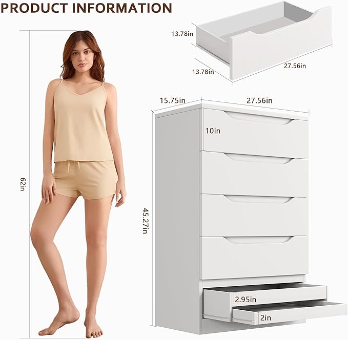 White Tall 5 Drawer Dresser for Bedroom with Hidden Storage Design, Large Modern Closet Dressers & Chests of Drawers with Cut-Out Handles, 27.6" L*15.8" W*45.3" H for Bedroom, Living Room, Nursery