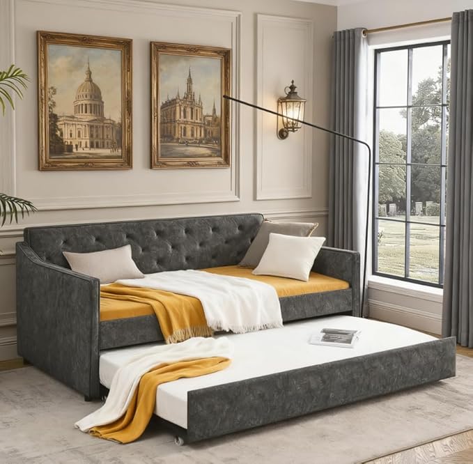 Bellemave Twin Upholstered daybed with Trundle, Polyester Sofa Bed Twin Size, daybed with Trundle for Adults, Kids, Girls, Teens, for Living Room, Grey