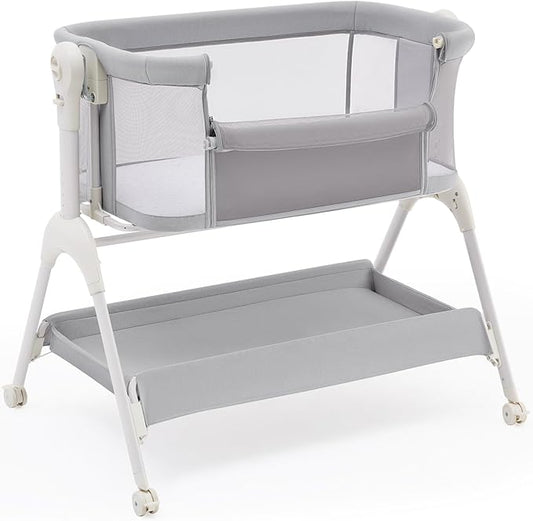 HARPPA Cuddly Baby Bassinet Bedside Sleeper, 3 in 1 Rocking Bassinet with Mattress and Soft Cover, Full Mesh Sides, 5 Height Adjustable with Wheels for Newborns, Grey